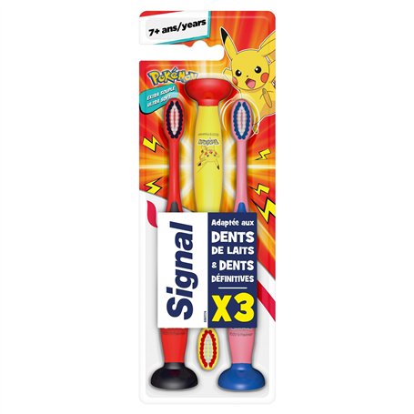 SIGNAL - Brosse à Dents Enfants 7+ ans - Bouts arrondis et ventouse pour une brosse à dents ludique - Extra souple (lot de 3 Bro