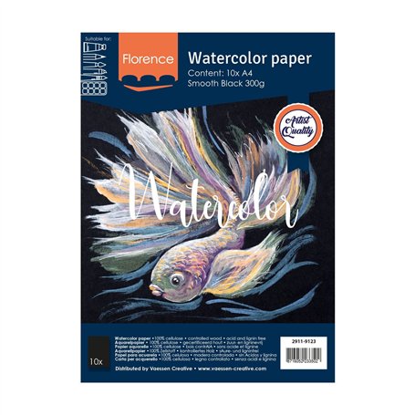 Florence Papier Aquarelle Lisse - A4 - Noir - 10 feuilles - 300 g/m² - Sketchbook pour le Dessin