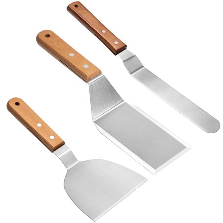 Elalove Set de 3 Spatules Professionnelles pour Plancha Poignée en Bois - Spatule à Steak en Acier Inoxydable 26cm avec Grattoir