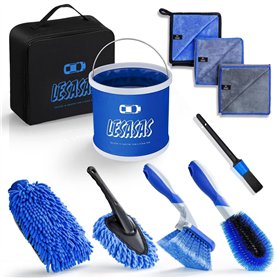 lesasas Kit de Nettoyage de Voiture avec Sac de Rangement, Seau Pliable de 9 L, Brosse de détail 9 pièces, Brosse à Roue à Manch lesasas Kit de Nettoyage de Voiture avec Sac de Rangement