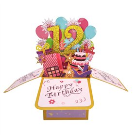 Carte pop-up « Happy 12th Birthday » pour fille de 12 ans, idée de cadeau d'anniversaire pour fille nièce, carte de vœux 3D amus Carte pop-up « Happy 12th Birthday » pour fille de 12 ans