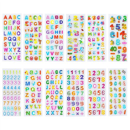 Lot de 12 feuilles d'autocollants 3D pour enfants - Alphabet coloré - Autocollants enflés - Numéros autocollants - Bricolage - D