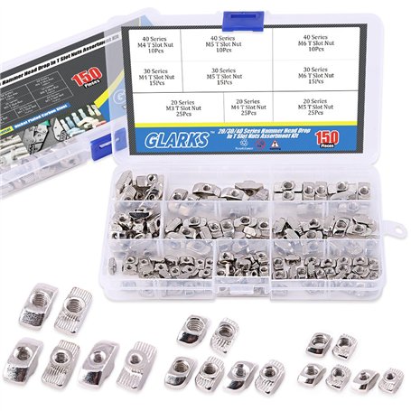 Glarks 150 pcs européen M3 M4 M5 M6 Tête de marteau pendantes en T Écrou fente Assortiment kit pour 20/30/40 série Profil Alumin