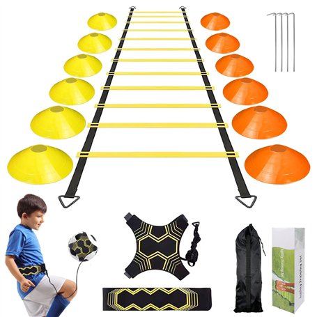 Druuzyl Set d'Entraînement Football Professionnel - 1 Échelle d'Agilité 6m + 12 Cônes + Accessoires pour Vitesse et Agilité