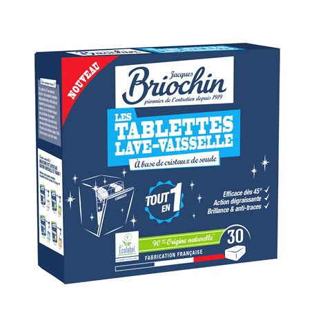 JACQUES BRIOCHIN - 30 tablette lave-vaisselle sans parfum - Action puissante contre les taches - Dégraissante - Brillance et Ant