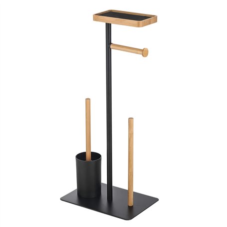 MSV - Combiné WC avec Support Smartphone TEIKI - Porte-Rouleau Papier WC Bambou & Acier + Brosse WC + Supporte 3 Rouleaux de Rec
