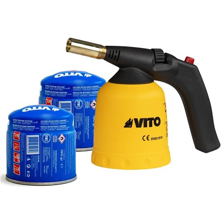 VITO - Lampe à souder Allumage piezo Coque ABS Verrou de sécurité Poignée ergonomique + 2 cartouches 190gr butane