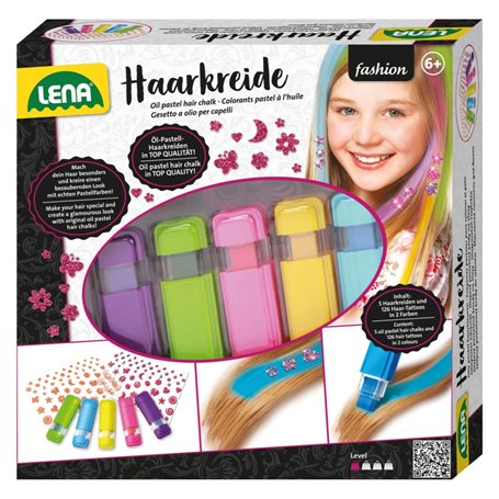 Lena 42536 – Fashion Cheveux Craie Set de 5 Couleurs et 126 Tatouages – Cheveux Violet/Vert/Rose/Jaune/Bleu