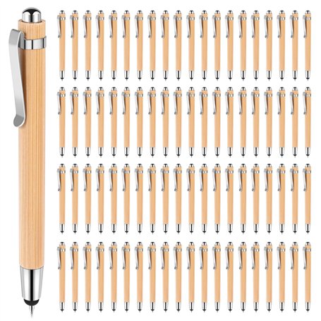 NIZEAMI Lot de 80 stylos à bille rétractables en bambou avec embouts de stylet pour écrans tactiles