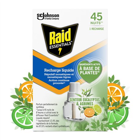 Raid Essentials Recharge Diffuseur Électrique Liquide- Répulsif Moustiques et Moustiques Tigres 45 Nuits - Senteur Eucalyptus et