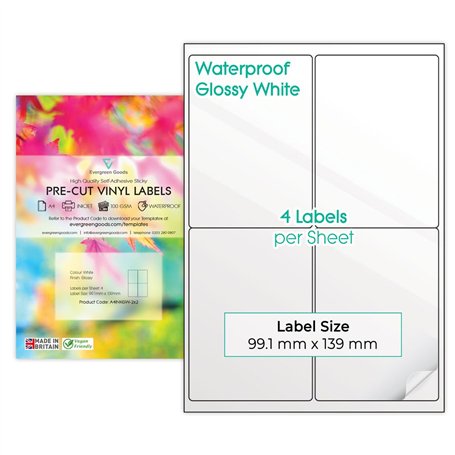 Lot de 10 feuilles A4 d'étiquettes autocollantes en vinyle brillant (PVC) blanches prédécoupées et imperméables - Multi-usage -