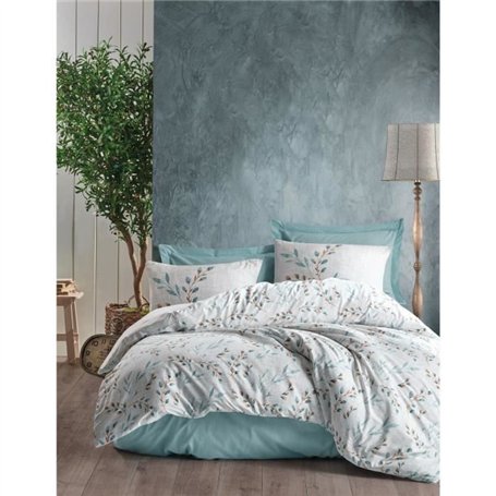 Parure de lit - 1 housse de couette 220 x 240 cm + 2 taies d'oreiller 60 x 60 cm - 100% coton ranforcé - Menthe