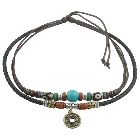 Ancient Tribe Collier ras du cou ajustable en cuir de chanvre avec perle turquoise pour femme