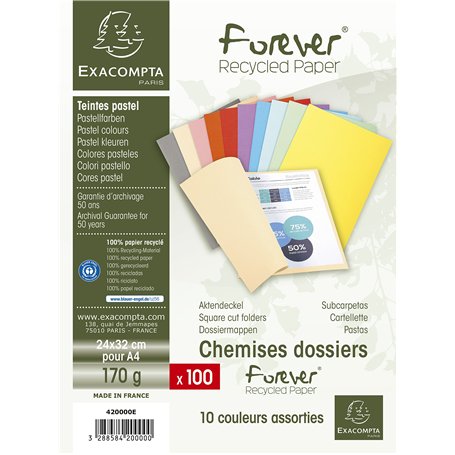 Exacompta - Réf. 420000E - Paquet de 100 chemises semi-rigides Forever® 170 g/m2 - chemises 100% recyclées et certifiées Ange Bl