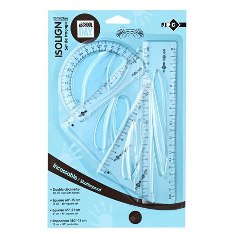 JPC 900018 - set de traçage ISOLIGN plastique incassable - règle 20 cm - 2 équerres et rapporteur