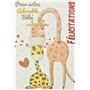 66-1158 Carte avec Paillettes Félicitations aux Parents Heureux - Bienvenu Bébé - Petite Fille - Maman Girafe Animaux Cœurs Rose
