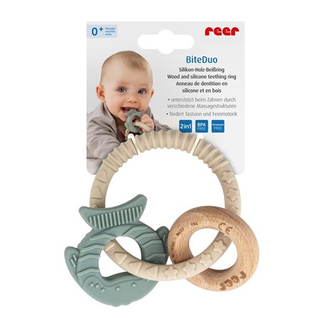 reer BiteDuo Anneau de dentition en bois de silicone pour bébé | Aide à la dentition de bébé | Jouet de motricité