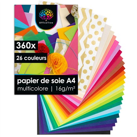 OfficeTree 360x Papier de Soie A4 16g/m² - 26 Couleurs - Papier Calque Couleur - Papier de Soie Emballage Bricolage Décorations