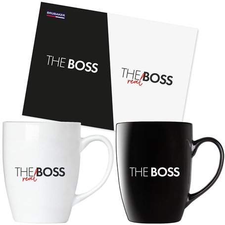 BRUBAKER Tasses à Café The Boss & The Real Boss avec Carte de Vœux - Couple de Tasses à Café noir et Blanc - 300 ml Tasses lutin