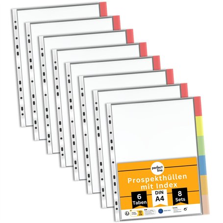perfect line - 48 pochettes perforées DIN A4 avec index - 8 x 6 onglets - Extra solides