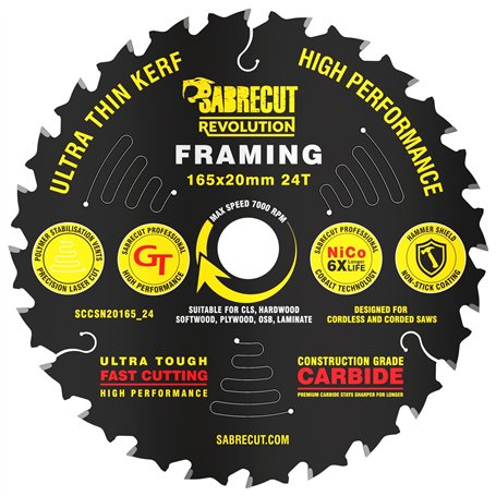 1 x SCCSN20165_24 SabreCut 165mm 24T x 20mm Alésage Haute Performance Ultra Mince Kerf Bois Contreplaqué MDF Aggloméré Cadrage L