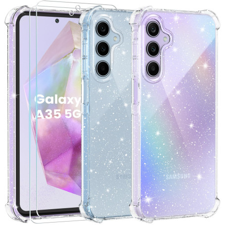Yohii Coque pour Samsung Galaxy A35 5G Paillettes, 2 Pièces Protection Écran en Verre Trempé, Ultra Mince Transparent Glitter Ho