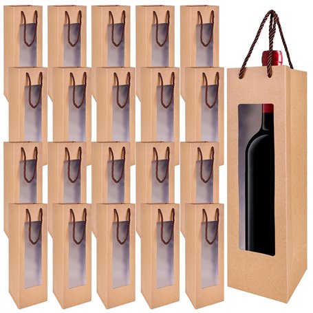Nizirioo Lot de 20 sacs cadeaux en papier kraft pour bouteilles de vin - Avec poignée - Organisateur de vin - Pour mariage