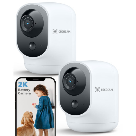 COCOCAM 2PCS 2K Camera Surveillance WiFi Interieur sans Fil Pan/Tilt à Batterie 5200mAh, pour de Bébé/Animaux/Sécurité Domestiqu