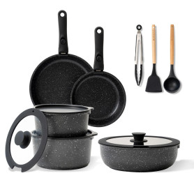 BOREINE Batterie de cuisine, Set induction casserole et poêle tout feux avec couvercle, Lot poêle avec poignée amovible, Revêtem BOREINE Batterie de cuisine, Set induction casserole et poêle tout feux avec couvercle, Lot poêle avec poignée amovible, Revêtem