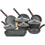 Kamberg - Set Lot Batterie de cuisine 24 pièces - Fonte d'aluminium - Revêtement pierre - Manche Amovible - Tous Feux dont Induc