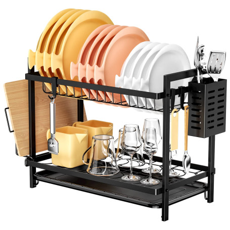 Fousenuk Égouttoir Vaisselle Cuisine à 2 Niveaux, Noir, sur Evier, avec bac Récupération Amovible et Porte-Couverts