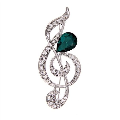 Broche Belons tendance en forme de note de musique/clé de sol avec strass et cristal vert en forme de goutte