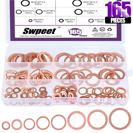 Swpeet Lot de 165 rondelles plates en cuivre 8 tailles comprenant M6 M8 M10 M12 M14 M16 M18 M20 Idéal pour les connexions électr