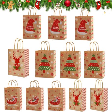 12 Pièces Sacs Cadeaux de Noël en Papier Kraft Avec Poignée - Parfaits pour les Fêtes et Cadeaux de Vacances