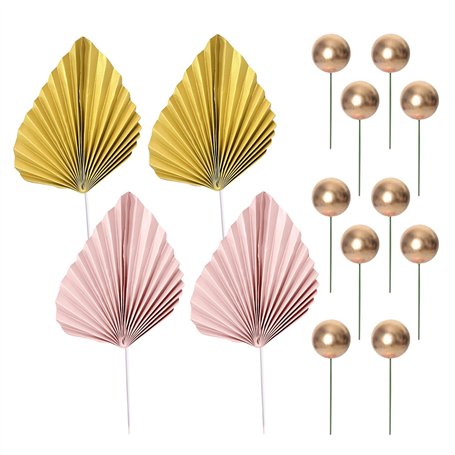 Lot de 4 décorations de gâteau en feuille de palmier - 10 boules de gâteau dorées - Drapeau pliable en feuille de palmier - Inse