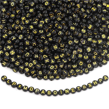 Lot de 1 800 perles d'espacement rondes en acrylique noir avec alphabet doré de A à Z pour bricolage