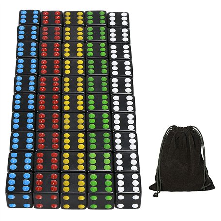 YOUSHARES 50PC D6 Dés Carré en Noir - Dés Standards 16mm à 6 Faces avec Sac de Transport pour Jeux de Tenzi