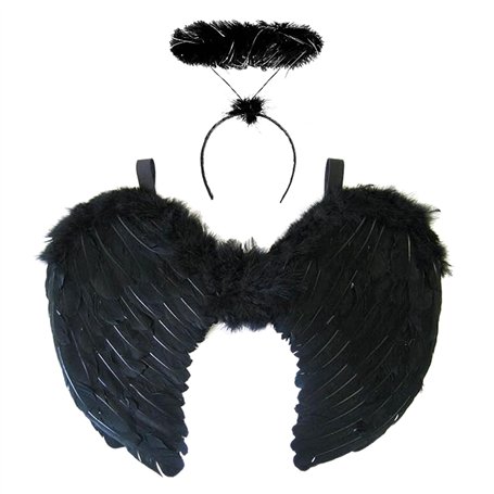 REDSTAR FANCY DRESS Ailes d'Ange et Auréole Noires – Ailes d’Anges Adultes Noires – Déguisement Halloween Femmes pour Soirée Dég
