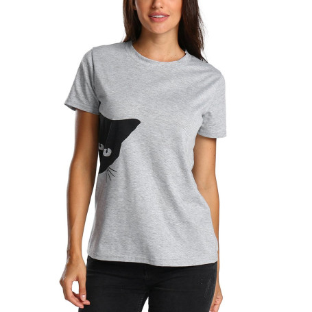 wodceeke T-Shirt à col Rond pour Femme Motif Chat - Gris - Taille M