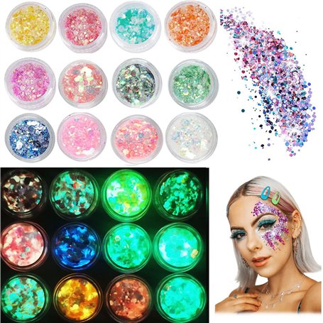 12 Pièces Paillettes Fluorescentes Visage Corps