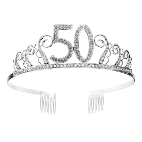 Couronne Anniversaire 50 Ans Tiare Diadème Princesse avec Peigne Strass Cristal Argent Articles de Fête et Décorations