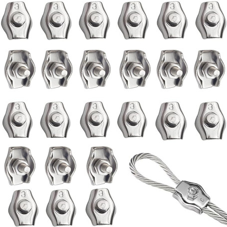 RXKFIGX 24 Pièces Pince Câble en Acier Inoxydable de Câble Métallique Pinces pour Filin Cadre de Câble Pince en Acier Serre Cabl