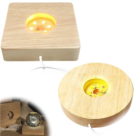 Lot de 2 socles lumineux LED en bois - Base d'affichage DIY - Plaque en bois pour bloc de verre - Socle LED en bois avec USB - S