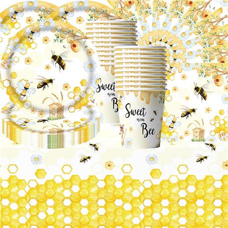Lot de 61 pièces de vaisselle de pique-nique à thème abeille pour enfants - Comprend assiettes