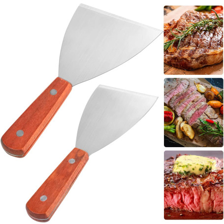 THATSRAD 2 PCS Spatule Inox Manche en Bois Spatule Barbecue Plancha Grattoir Plancha Inox Spatule Plancha Inox Teppanyaki Spatul