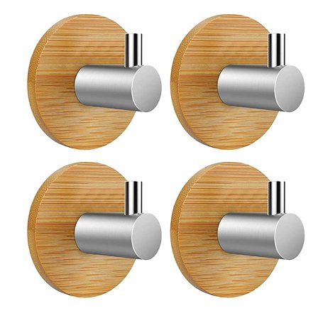 Lot de 4 crochets muraux autocollants en acier inoxydable et bambou - Sans perçage - Antirouille - Imperméables - Pour salle de