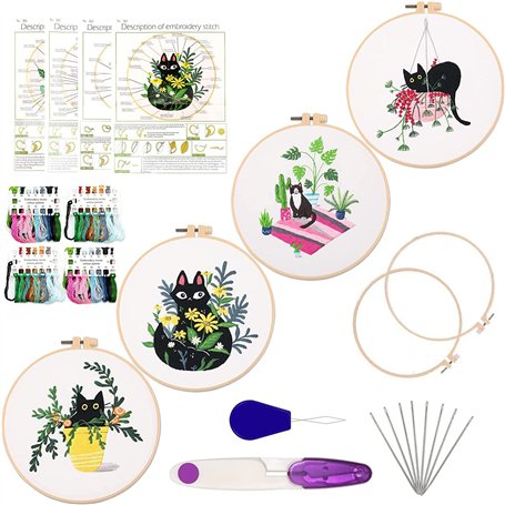 MINGHAM Lot de 4 kits de broderie motif chat avec motifs et instructions pour débutants kits de point de croix pour adultes