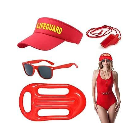 JOZMMZEOOA Costume de Sauveteur 4 Pcs Baywatch Lifeguard Costume Accessoires Sauveteur Ensemble Lifeguard Réglable Chapeau de Sa