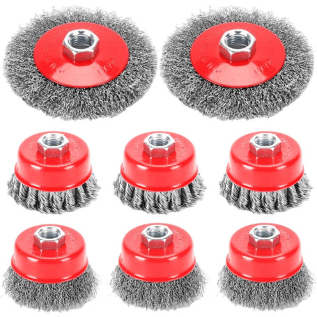 Lot de 8 brosses métalliques pour meuleuse d'angle - 75 mm et 100 mm - Pour meuleuse d'angle - Filetage M14 x 2 - Pour meuleuse