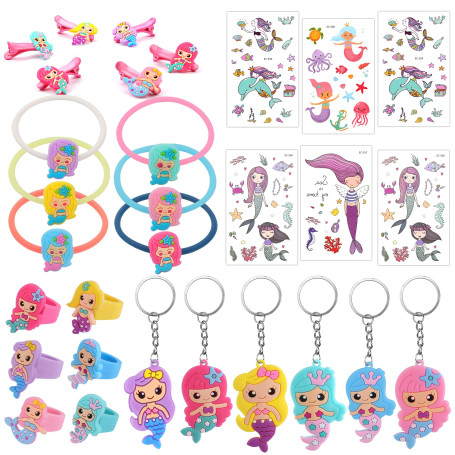 HOWAF Sirène bagues Bracelets Trousseau Porte-Clés Pince à Cheveux Tatouages temporaires de Sirène Enfant Anniversaire Petit Cad